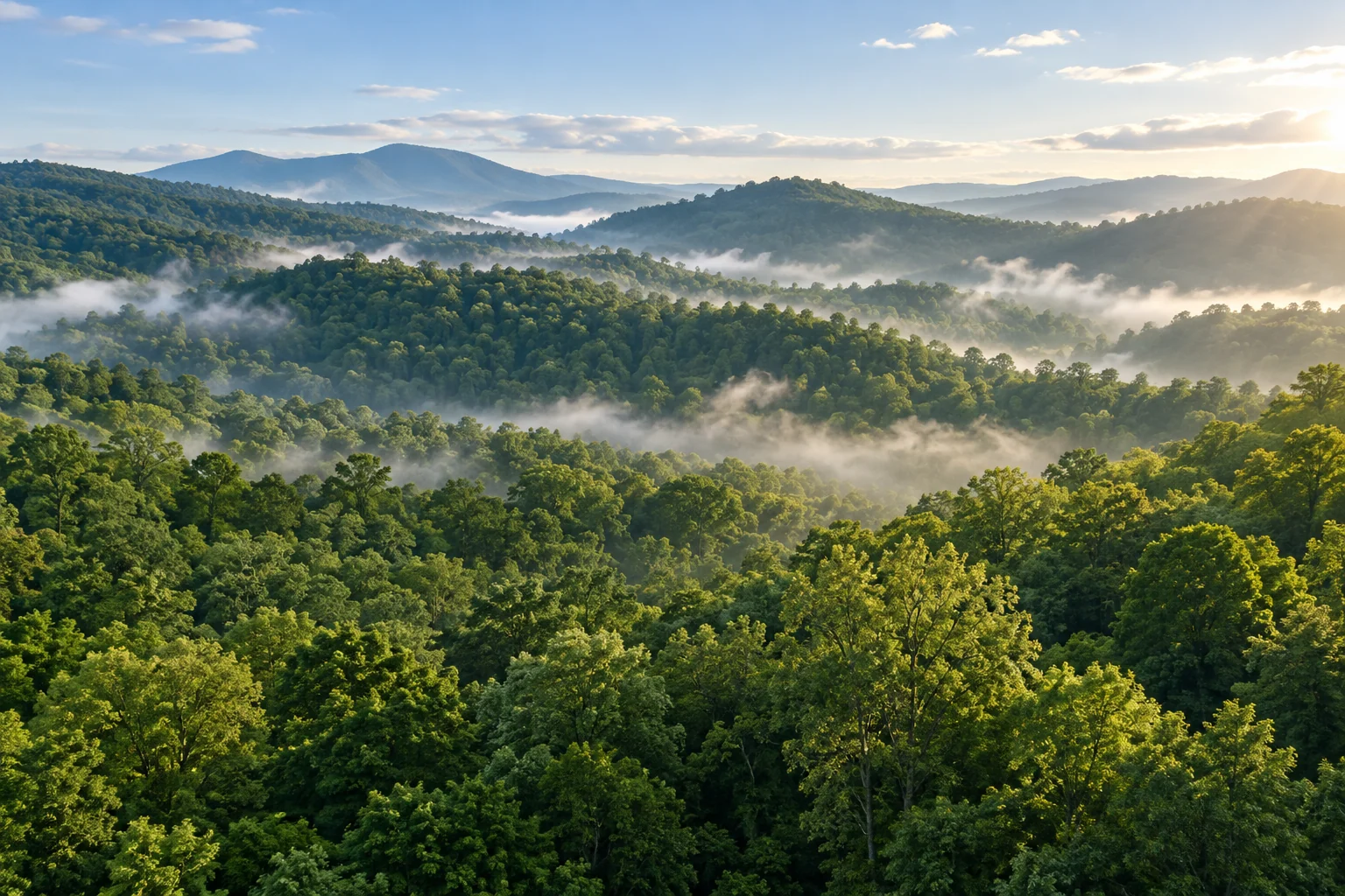 Morning mist drifting above a green forest canopy.