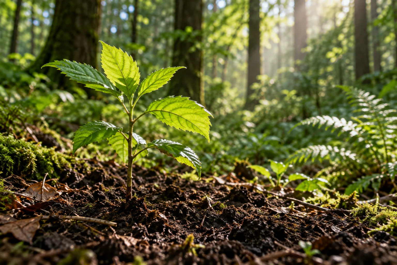 A young green sapling growing in sunlit forest soil.